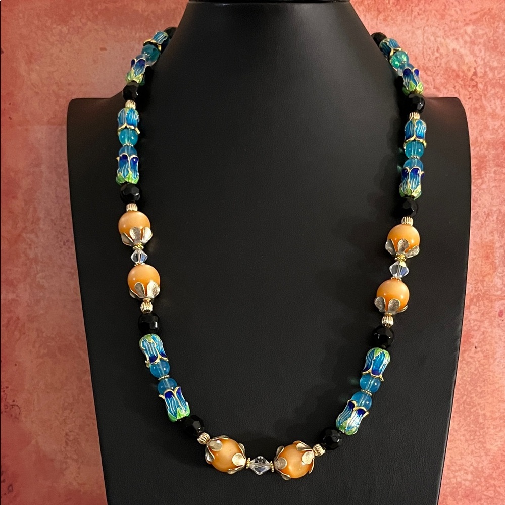 Handmade apricot moonglow and turquoise necklace with vintage and modern beads